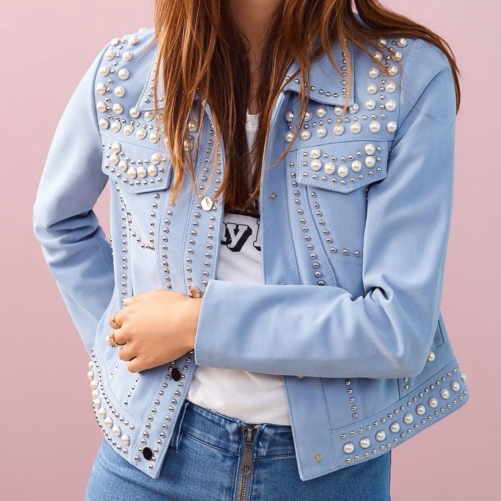 Pearl studded goat skin trucker jacket periwinkle
